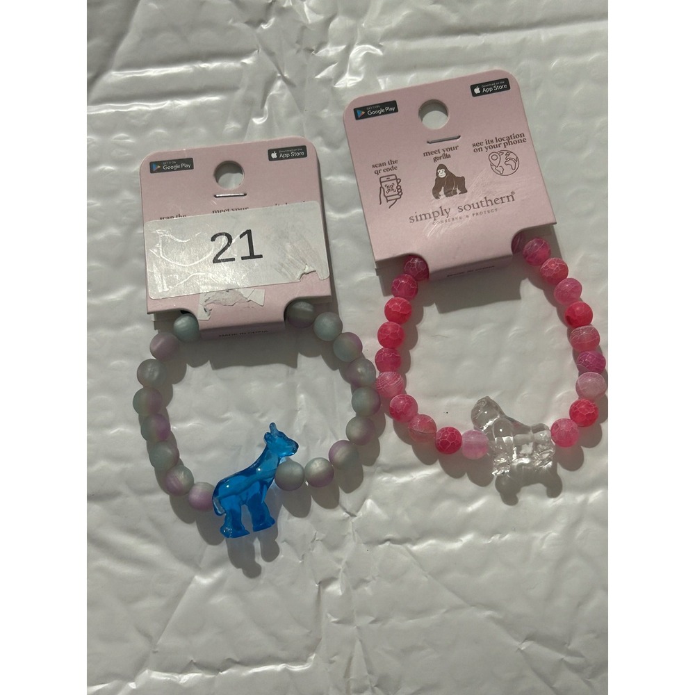 Simply Southern Track Bracelet Set 2pc Blue Giraffe Pink Gorilla Beaded Stretch